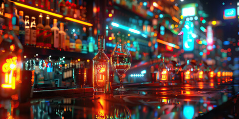 Fototapeta premium Cybernetic Nightclub District: Featuring a district filled with nightclubs and bars catering to a cybernetically enhanced clientele