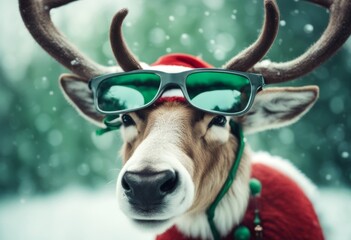 aring glasses background hat green reindeer santa christmas cartoon copy space design text art...