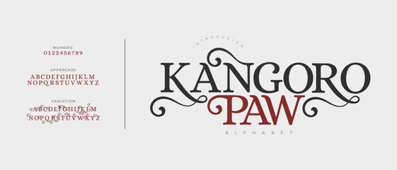 Kangoropaw elegant font alphabet uppercase lowercase and number. Classic lettering minimal fashion designs. Typography modern serif fonts regular decorative vintage concept. Vector illustration