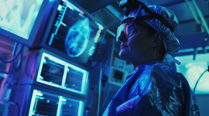 The radiologist looks at the computer monitor, where the patient's brain is displayed. A female doctor in a lab coat and glasses - Powered by Adobe