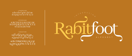 Rabitfoot elegant font alphabet uppercase lowercase and number. Classic lettering minimal fashion designs. Typography modern serif fonts regular decorative vintage concept. Vector illustration