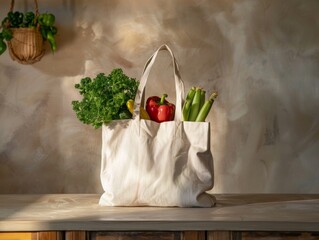 Eco-Friendly Kitchen Featuring Natural Light and Canvas Tote Bag with Fresh Vegetables for International Plastic Bag Free Day