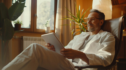 Online therapist. Elderly man in a white lab coat and glasses is sitting on a chair with a tablet in his hands. He is a doctor and works on a tablet