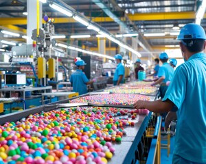 Diverse Workers in a Candy Factory: Women and Men in Blue Uniforms Producing Colorful Candies, Daytime, Industrious Mood