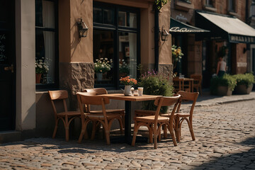 Obraz premium Coffee Shop, Bossa Nova style, cute tables outside, cobblestone road, flowers, daytime, cinematic lighting, moody, realism, photo taken with a canon Eos R5