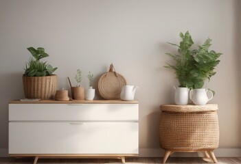 Fototapeta premium blank room designed ample with commode interior basket featuring showcases adorned living teapot trendy for beautifully wooden rattan style scandinavian template plants space this