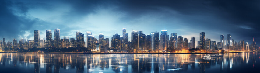 Naklejka premium Spectacular Nighttime Cityscape with Waterfront Reflection