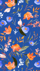 Collection of colorful floral elements in flat color. Set of spring and summer wild flowers, plants, branches, leaves and herb.