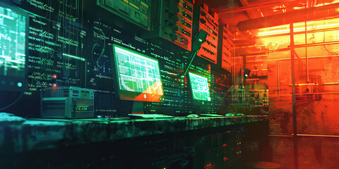 Underground Hacker Hideout: Displaying a hidden base where hackers gather to plan cybercrimes and conduct illicit activities