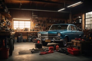 Vintage garage with mechanic equipment for repairing and maintaining vehicle engines
