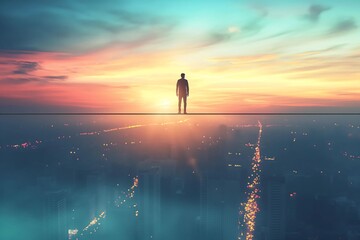 Fototapeta premium Silhouette of a person standing on a high wire above a cityscape at sunset, symbolizing ambition and balance. Urban skyline illuminated by twilight hues