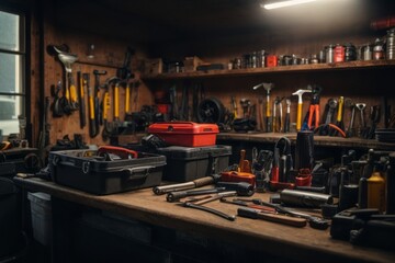 Fototapeta premium Vintage garage with mechanic equipment for repairing and maintaining vehicle engines