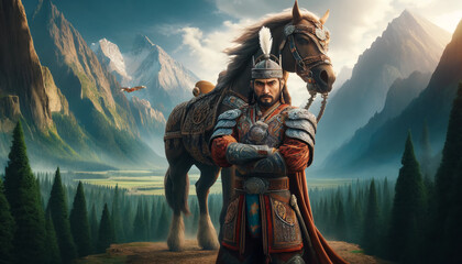 Naklejka premium The legendary hero standing boldly with his arms crossed in front of his powerful horse. Design. Copy space. Cover.