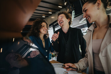 Group of business professionals sharing a light-hearted moment while discussing ideas in a casual...