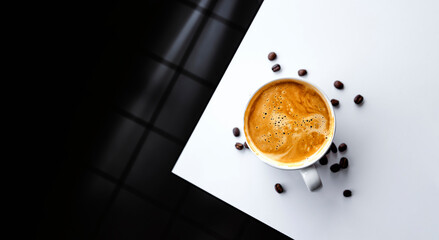 Elegant Coffee Cup with Fresh Beans on Modern Black and White Surface