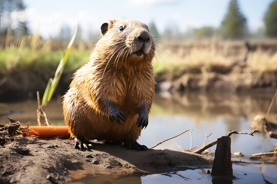 Brown beaver stand and watch in search of food River and meadow in the background. Realistic animal clipart template pattern. Beavers build dams and shelters using branches, rocks, mud.