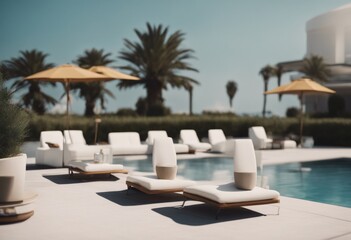 poolside setting serene lounge minimalist luxury relaxation design furniture modern tranquil lifestyle comfort elegant summer contemporary architecture leisure home