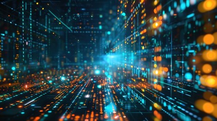 Naklejka premium Abstract Digital Background Featuring Binary Code and AI Algorithms. High-Tech Design with Flowing Data Streams and Futuristic Elements.