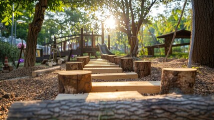 An outdoor obstacle course set up with various mindful activities such as balancing on a beam while reciting positive affirmations or walking slowly while focusing on deep breathing.
