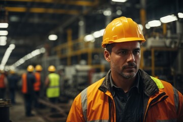 Industrial engineer wearing hat and safety suit in industrial manufacturing factory