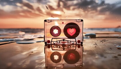 Retro Cassette Tape with Heart Symbol Sunset Background