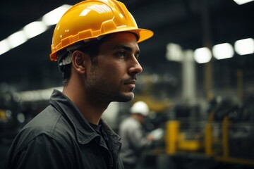 Industrial engineer wearing hat and safety suit in industrial manufacturing factory