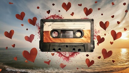 Romantic Sunset with Cassette Tape Hearts