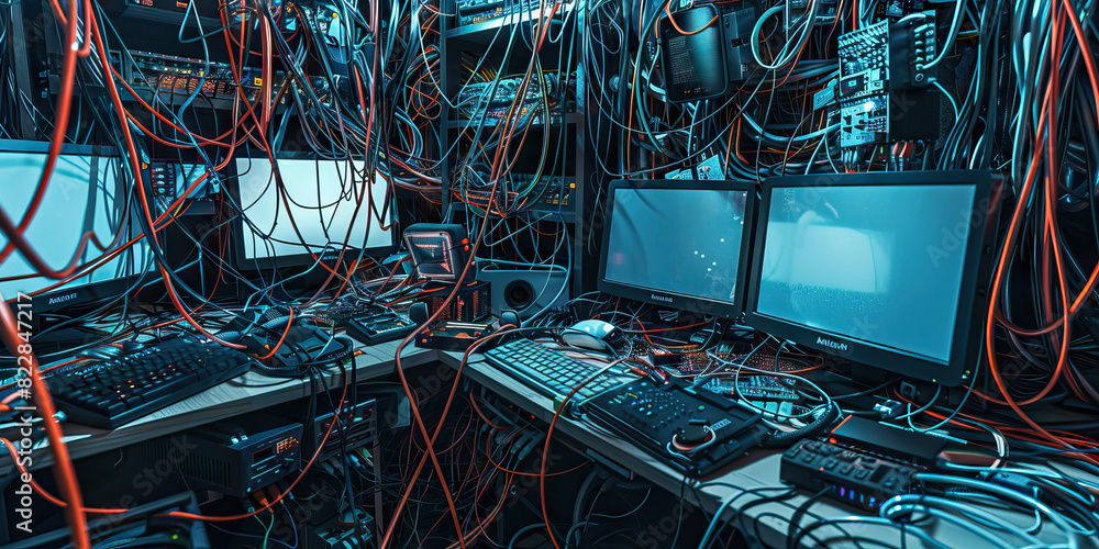 Poster the clandestine hacker's haven: a disheveled workspace cluttered with tangled cords and multiple mon