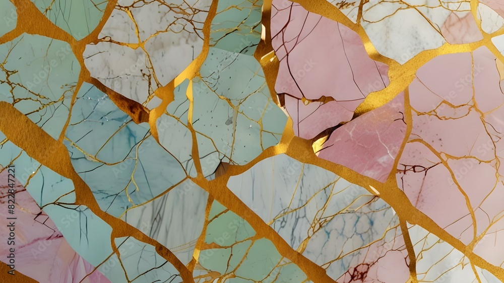 Poster gold kintsugi crack pattern on pastel color background. golden texture. broken marble luxury stone p