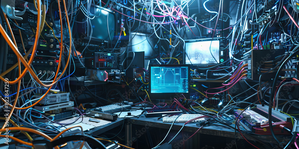 Poster the clandestine hacker's haven: a disheveled workspace cluttered with tangled cords and multiple mon