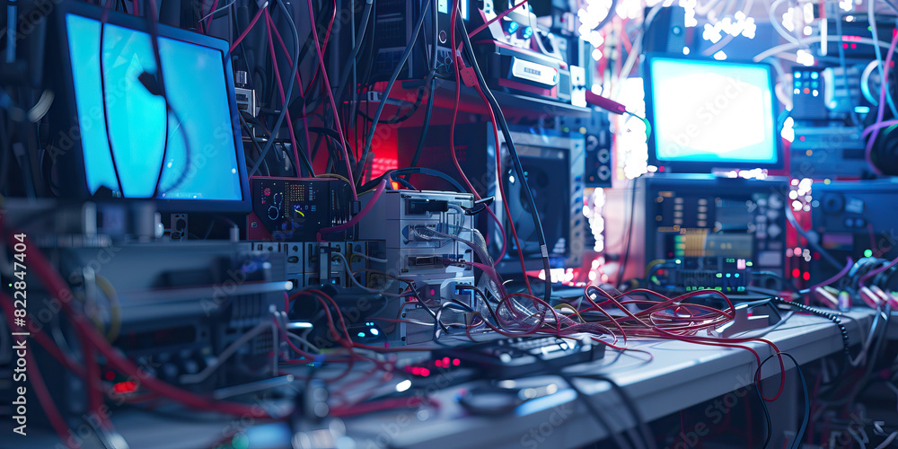 Aufkleber the clandestine hacker's haven: a disheveled workspace cluttered with tangled cords and multiple mon