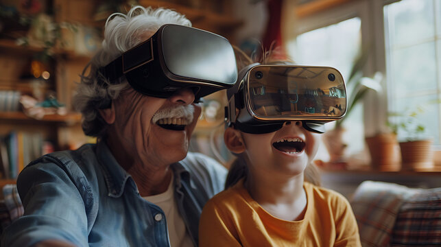 A grandparent and grandchild playing a virtual reality game together show the modern family time no age gap