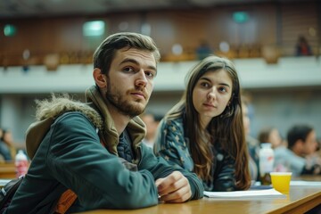 Fototapeta premium A man and a woman sitting at a table in a lecture hall, capturing a moment of learning and discussion.