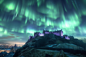 northern lights, Aurora Borealis seen over edinburgh castle landmark in scotland