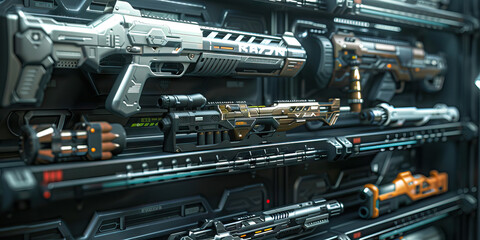 Fototapeta premium Reimagined Cyberpunk Armory: A vibrant array of futuristic gadgets and protective gear weapons
