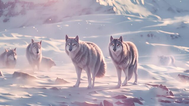 Pack of Wolves in Snowy Landscape with Ai generated.
