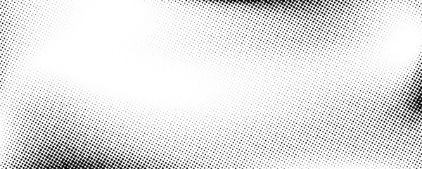 Grunge halftone gradient background. Faded grit noise texture. White and black sand wallpaper. Retro pixelated backdrop. Anime or manga style comic overlay. Vector graphic design textured template