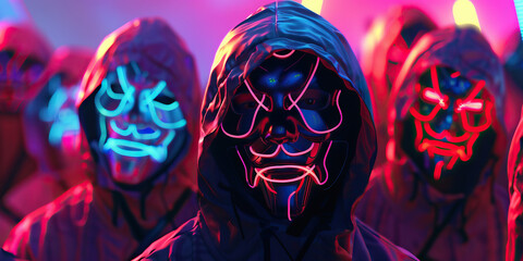 Naklejka premium Technopagan Ritual: A group of individuals adorned with neon masks and swaying to an echoing rhythm, surrounded by flashing lights and otherworldly symbols.