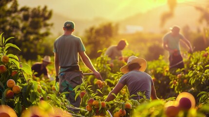 Multicultural Workers Harvesting Peaches in Sunlit Orchard