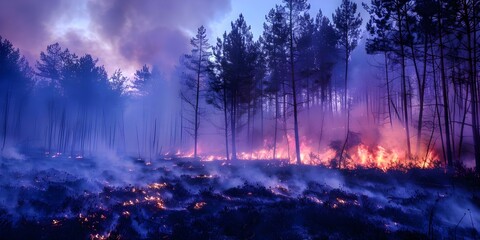 Pine forest devastation by wildfires during dry season underscores global environmental crisis. Concept Wildfire, Pine Forest, Devastation, Environmental Crisis, Dry Season