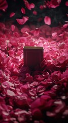 a small red book sitting in a bed of rose petals , surrounded by a cloud of rose petals