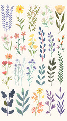 Collection of colorful floral elements in flat color. Set of spring and summer wild flowers, plants, branches, leaves and herb.