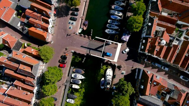 Top-down aerial view of a canal in the fortified city of Brielle, Netherlands.