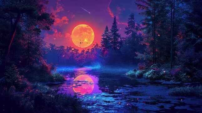 Enchanting fantasy lake illuminated by the full red moon, a magical nocturnal scene
Seamless looping 4k time-lapse virtual video animation background. Generated AI