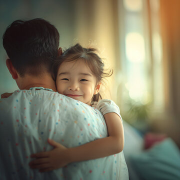 병원에서 회복한 아빠를 끌어 안아주는 아이