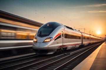 Naklejka premium Modern high-speed train moving in railway station with motion blur effect