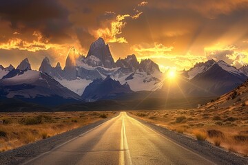 Road to el chalten, beautiful fitz roy, cerro torre, dramatic sky sunlight, and cloud - generative ai