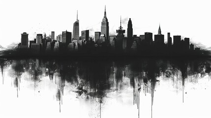 Obraz premium a black and white city skyline with a reflection in the water
