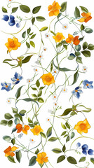 Collection of colorful floral elements in flat color. Set of spring and summer wild flowers, plants, branches, leaves and herb.