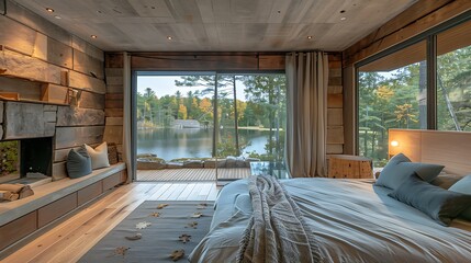 A bedroom with a large bed and a view of a lake and forest.